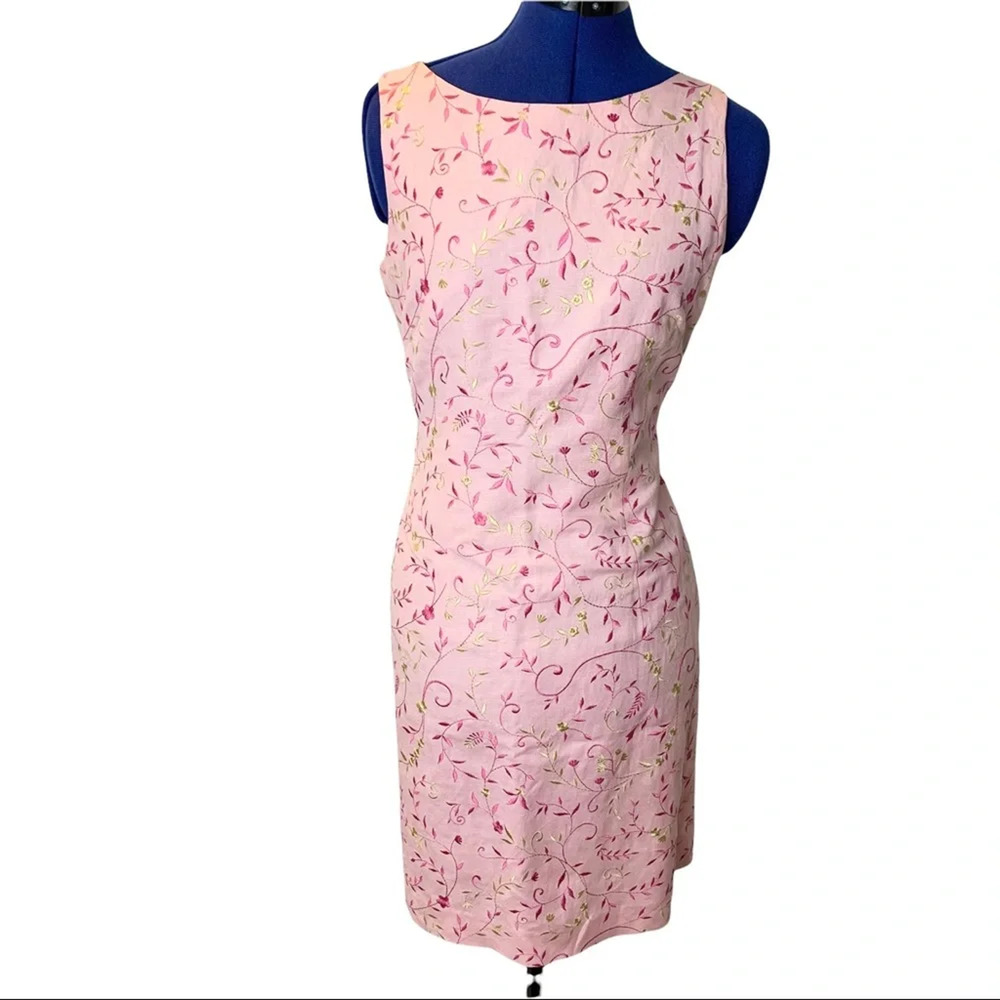 Jessica Howard Petite Pink Floral Embroidered Linen Blend Sheath Dress - 8